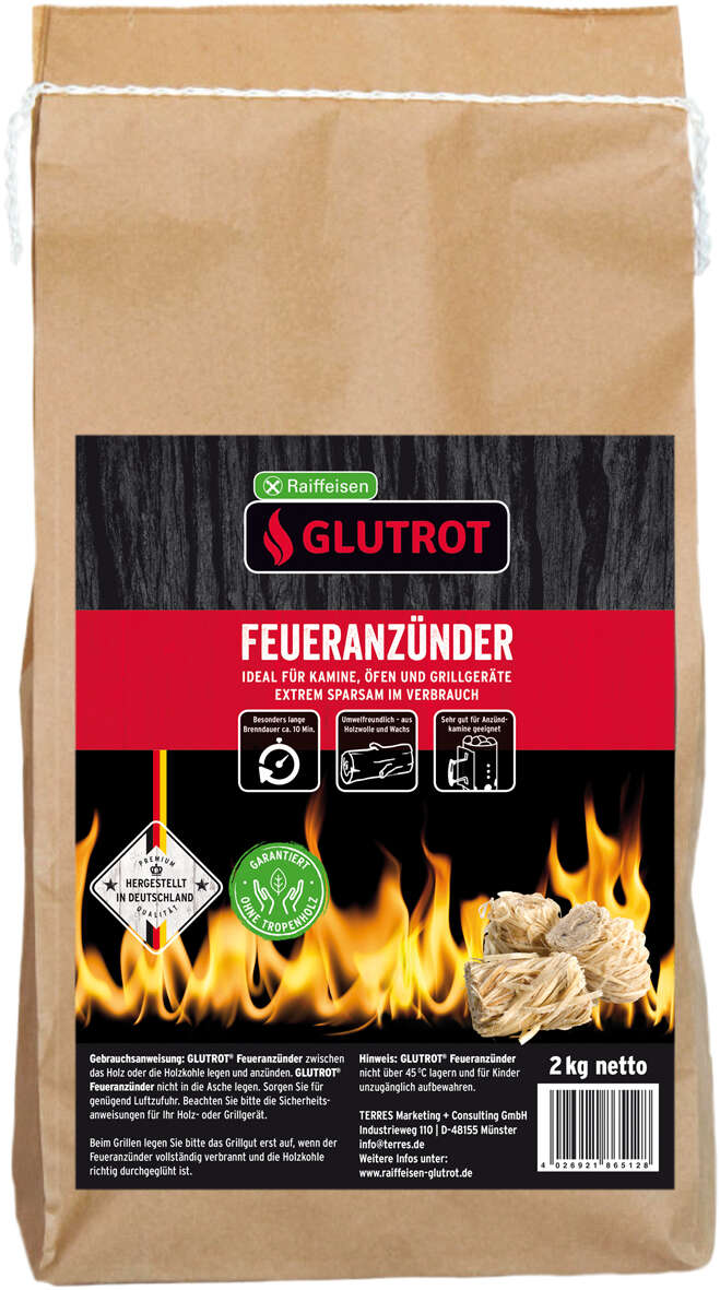 9526327---GLUTROT_Feueranzuender_2kg_4026921865128_A4 Beutel mit Feueranzünder, rot-schwarzes Design, Inhalt 2 kg, geeignet für Kamine und Grillgeräte.